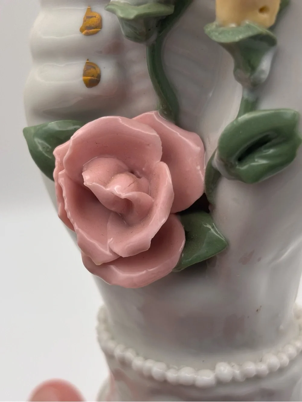 Vintage Ceramic Lady's Hand Holding Vase Figural Bud Vase, Pink Rose Decor